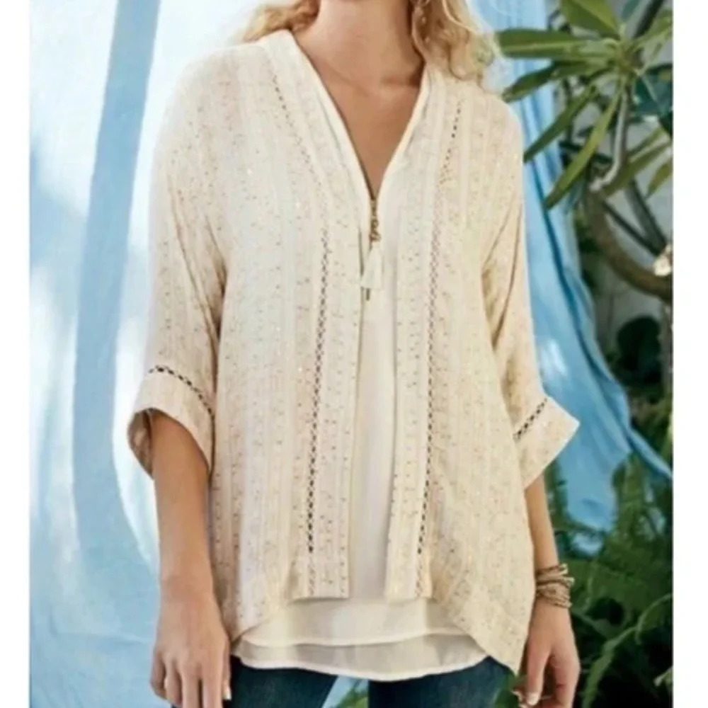 Soft Surroundings Cream Gold Sequined Glamour Topper Kimono. Size Medium. NWT.